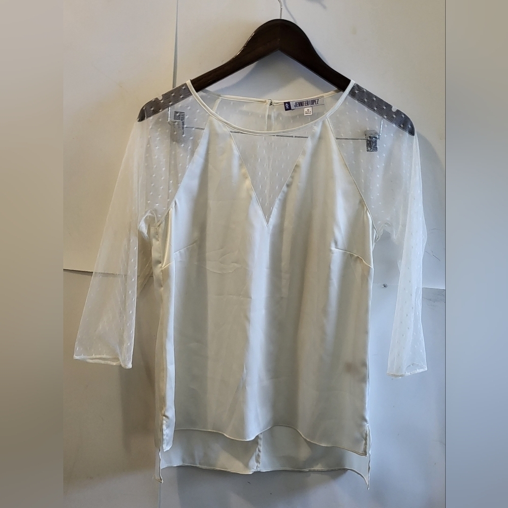 J Lo/Jennifer Lopez Satin Ivory /Blouse With Lace Ivory Polka Dot Sleeves Size M